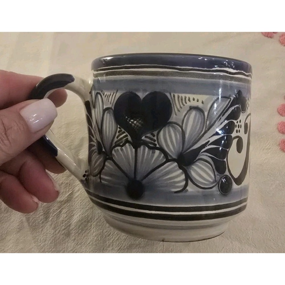 VTG Talavera Stoneware Mug White & Cobalt Blue Hand Made San Jose Mexico